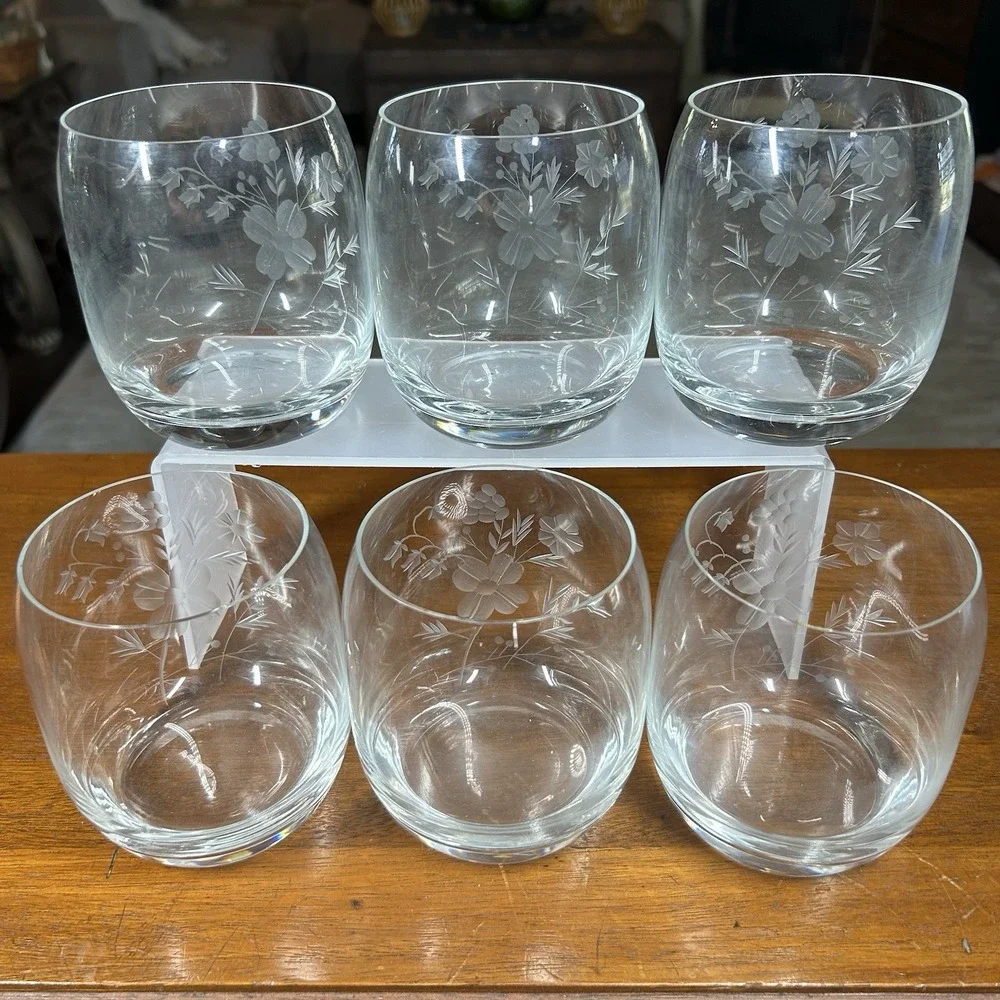 Vtg 6 Princess House Heritage Stemless Rocks Glasses Etched Floral Clear 12 oz